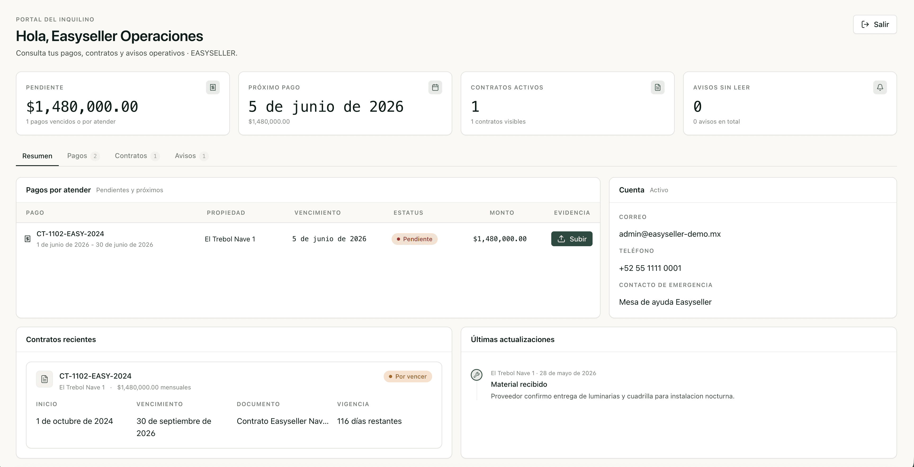 Portal del inquilino Atria con pagos, contratos y actualizaciones.